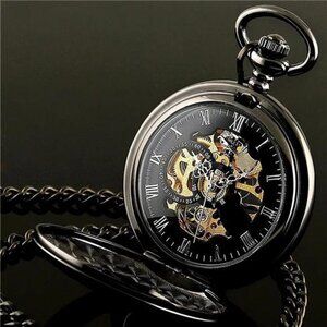Men's Black Mechanical Pocket Watch Steampunk Skeleton Retro Chain